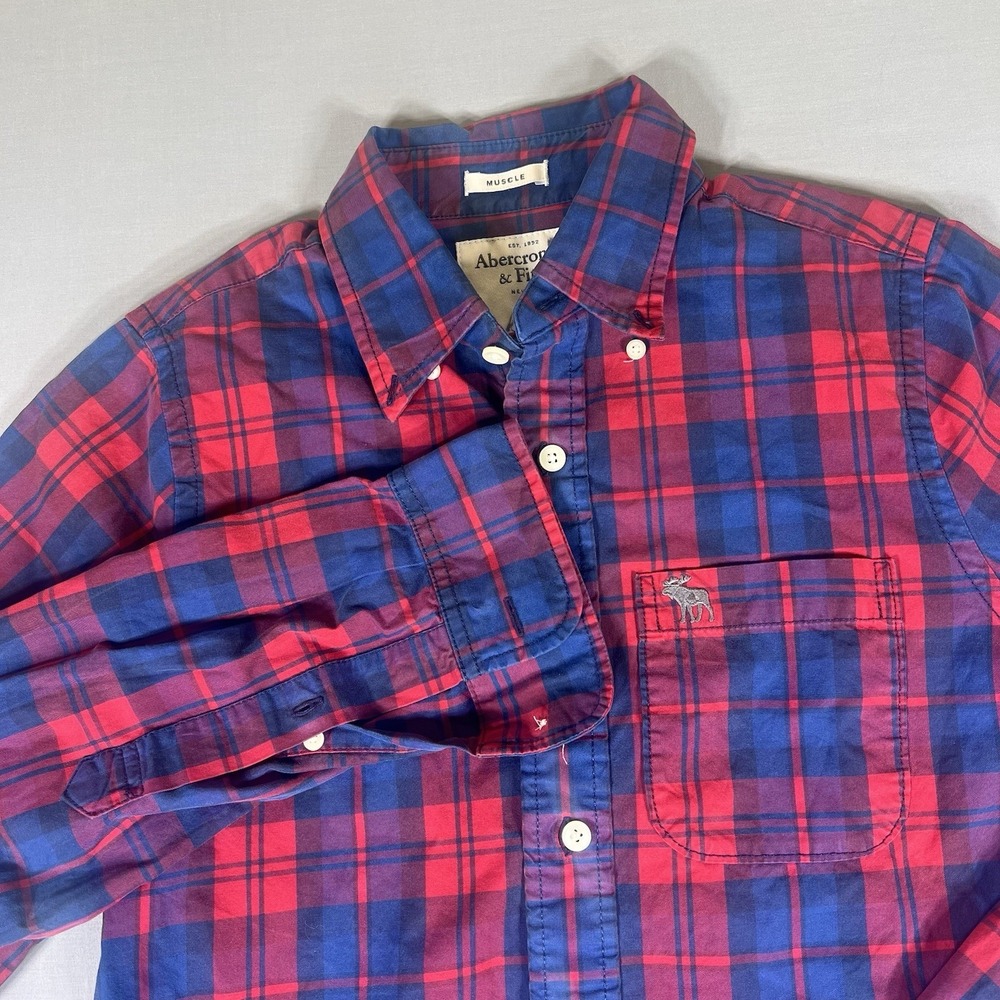 Abercrombie Fitch Plaid Shirt Mens S Red Blue Button Up Long Sleeve Casual